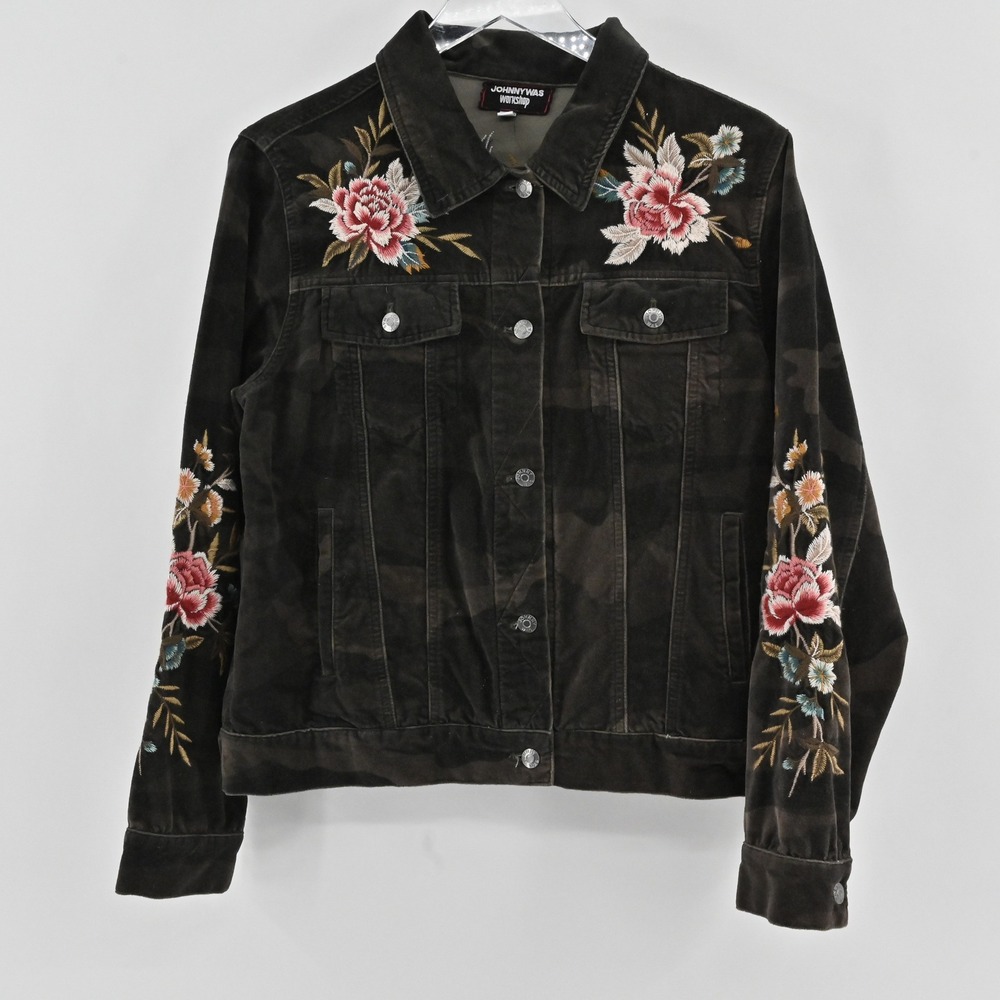 Johnny Was Workshop Velvet Trucker Jacket Womens Size M Camo Peacock Embroidered